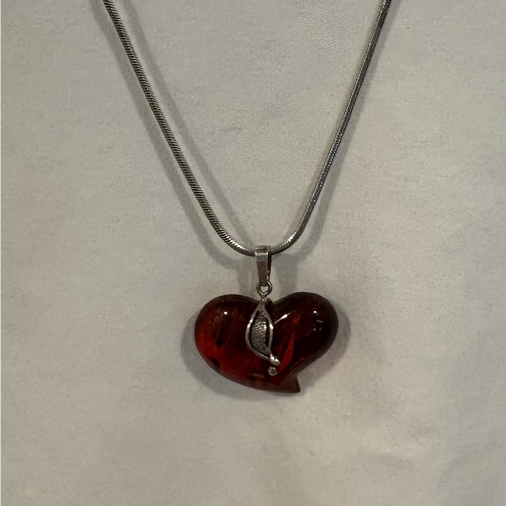 Amber Heart Pendant Necklace with Sterling Silver Chain - Picture 4 of 6